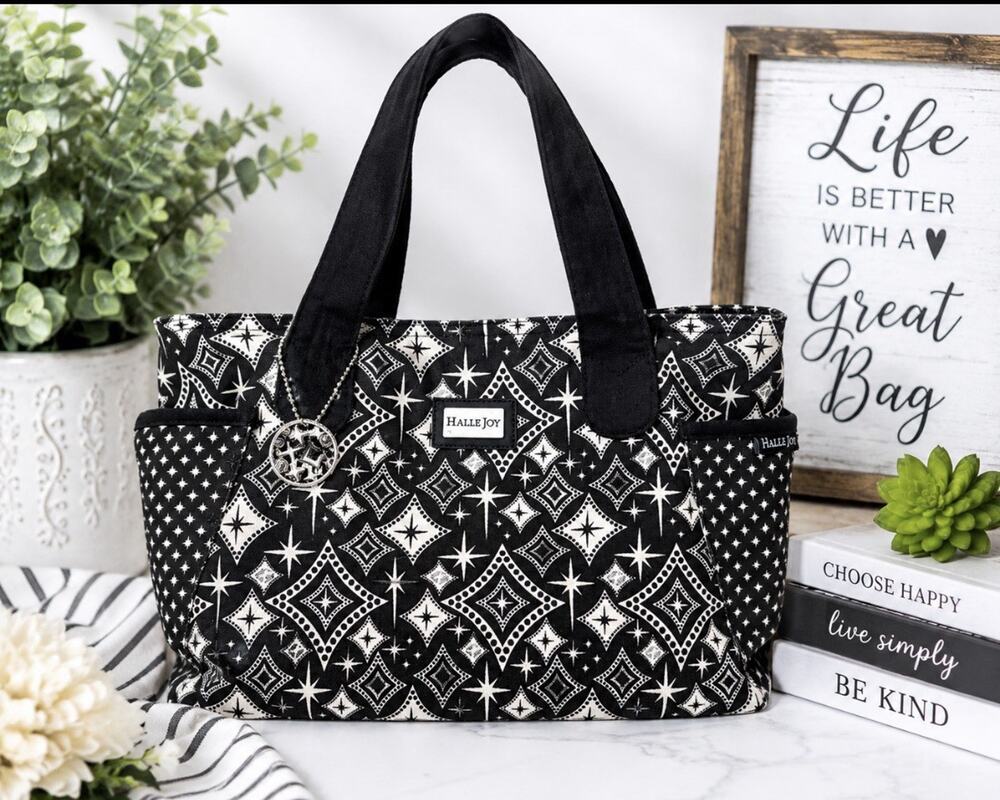 Halle Joy Black White Cotton Tote Bag Starburst Geometric Print Shoulder Purse
